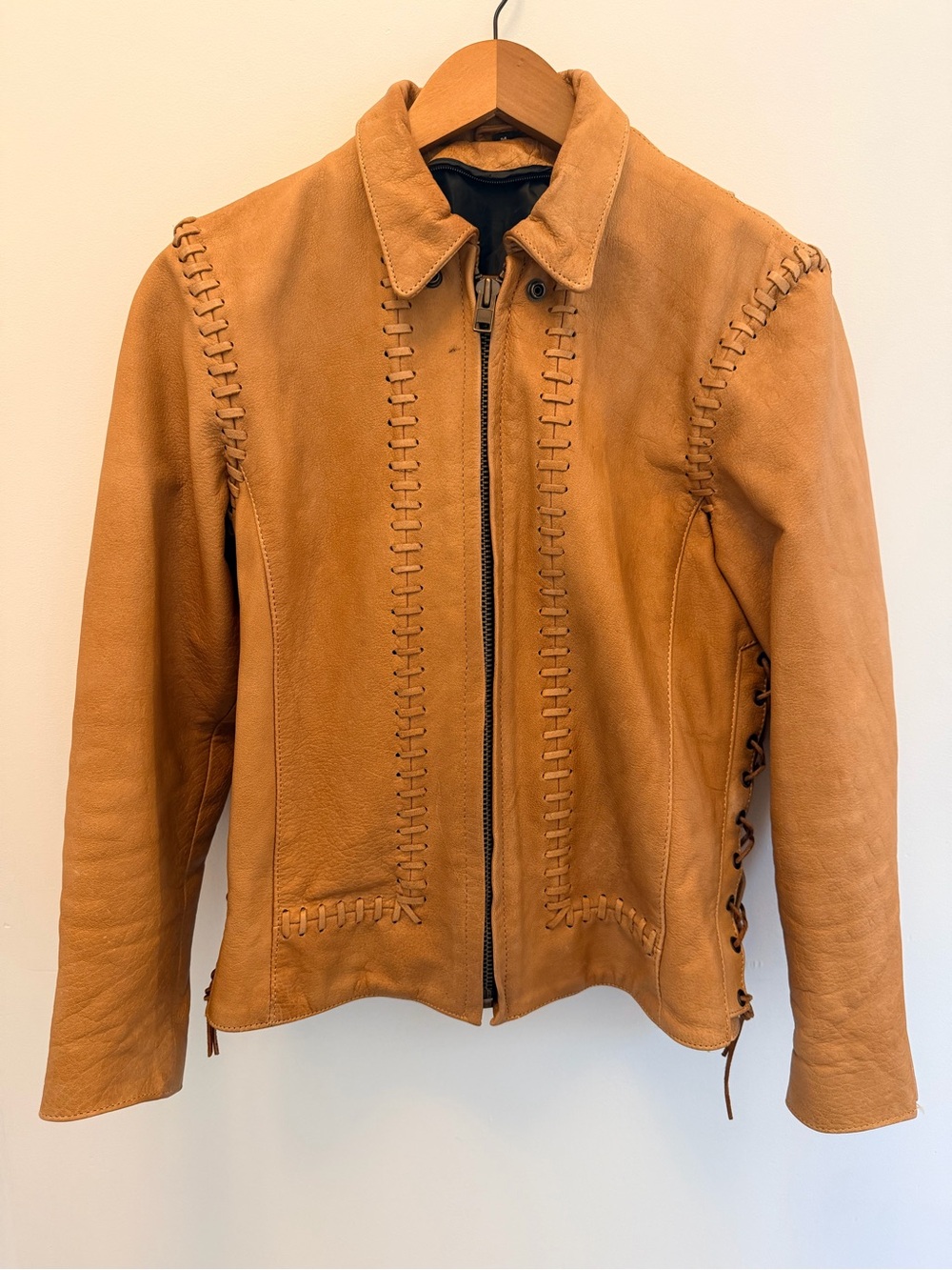 Vintage Tan Leather Zip-Up Jacket with Lace Trim